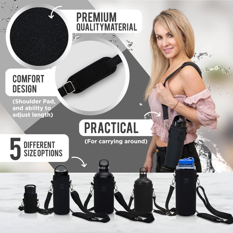 Made Easy Kit Neoprene Water Bottle Carrier Holder with Adjustable Shoulder Strap for Insulating & Carrying Water Container Canteen Flask Available in 5 Sizes (Black, M (16oz-22oz)) - Image 2